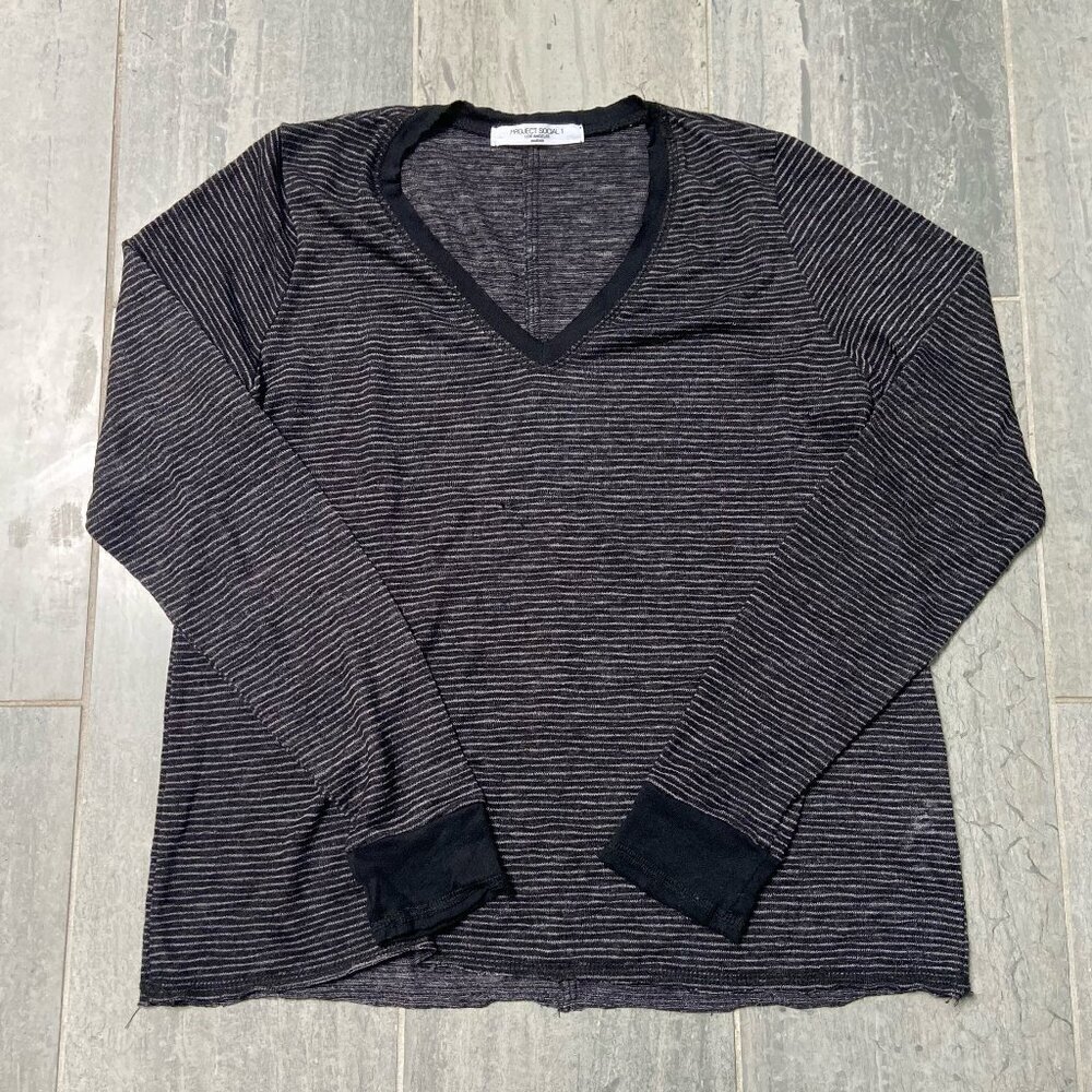 Project Social T Urban Outfitters Striped V Neck Long Sleeve Tee Shirt Black Med